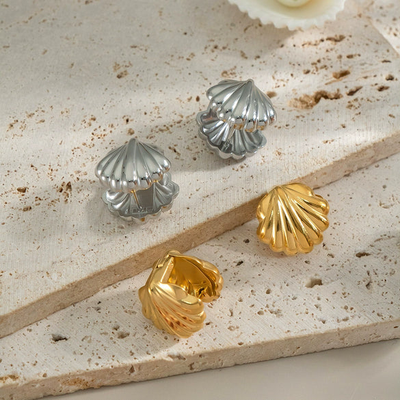 Wholesale Oceanstyle Shell Earrings Geometric Striped Texture Titanium Steel Jewelry Pvd Vacuum Real Gold Electroplating