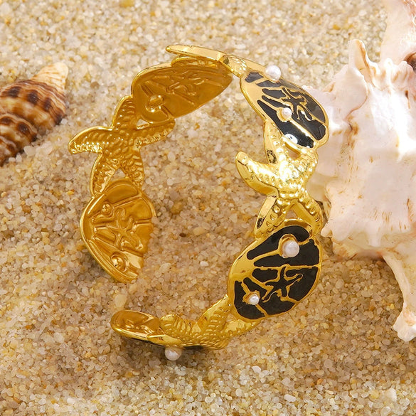 Wholesale Oil Drip Starfish Shell Pearl Cshaped Stainless Steel Open Bracelet Ocean Style Simple And Versatile