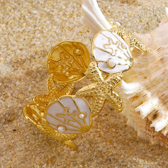 Wholesale Oil Drip Starfish Shell Pearl Cshaped Stainless Steel Open Bracelet Ocean Style Simple And Versatile