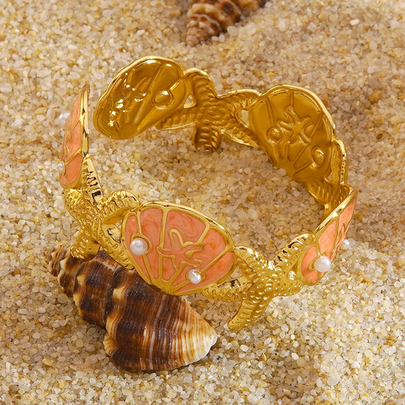 Wholesale Oil Drip Starfish Shell Pearl Cshaped Stainless Steel Open Bracelet Ocean Style Simple And Versatile