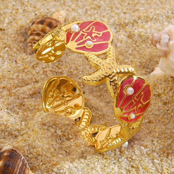 Wholesale Oil Drip Starfish Shell Pearl Cshaped Stainless Steel Open Bracelet Ocean Style Simple And Versatile