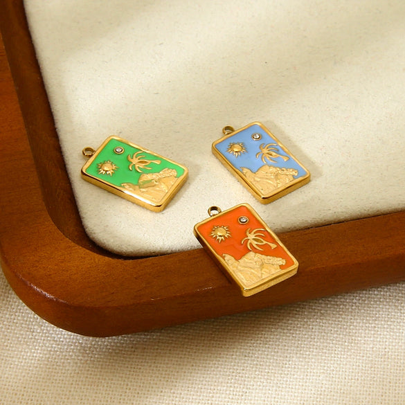 Wholesale Oil Drip Sun Coconut Tree Geometric Stainless Steel 18K Gold Plated Pendant Jewelry Charm