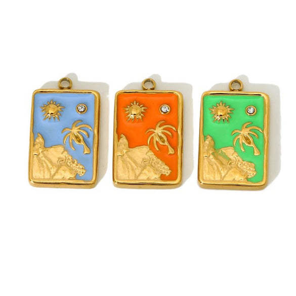 Wholesale Oil Drip Sun Coconut Tree Geometric Stainless Steel 18K Gold Plated Pendant Jewelry Charm