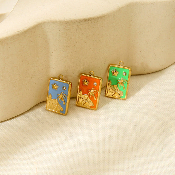 Wholesale Oil Drip Sun Coconut Tree Geometric Stainless Steel 18K Gold Plated Pendant Jewelry Charm