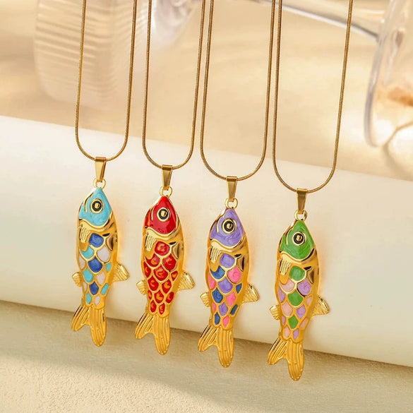 Wholesale Oil Dripping Process Gold Electroplated Stainless Steel Fish Pendant Cross Chain Necklace For Men And Women