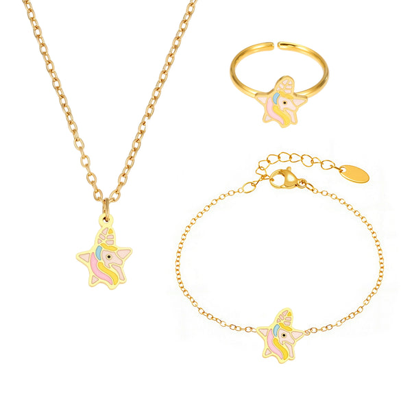 Wholesale Oil Drop Cartoon Rainbow Unicorn Cute Pony Titanium Steel Jewelry Set For Children With Electroplating