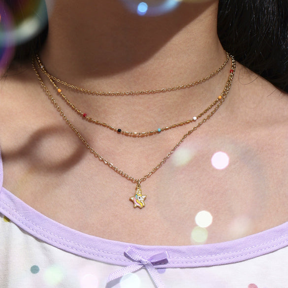 Wholesale Oil Drop Cartoon Rainbow Unicorn Cute Pony Titanium Steel Jewelry Set For Children With Electroplating