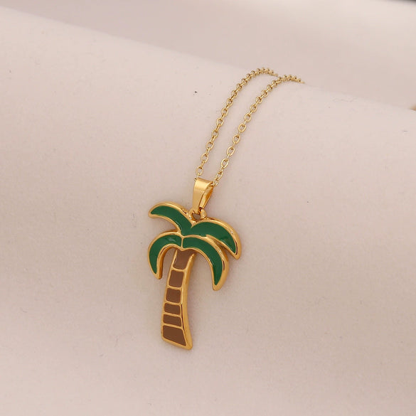 Wholesale Oil Drop Coconut Tree Flower Shaped Pendant Necklace In Stainless Steel With Personalized Plants Flowers Style