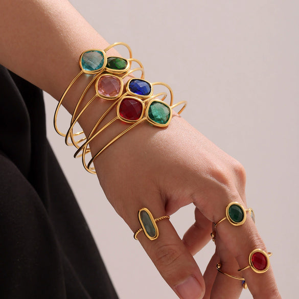 Wholesale Open Bracelet Made Of Stainless Steel And Czech Imported Glass With Geometric Design And Electroplating Process