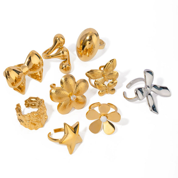Wholesale Open Ring Stainless Steel Flower Pattern 18K Gold Plated Hand Jewelry