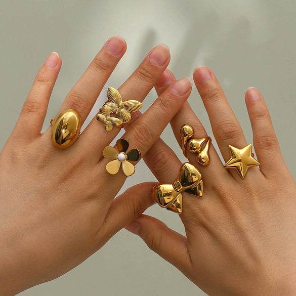 Wholesale Open Ring Stainless Steel Flower Pattern 18K Gold Plated Hand Jewelry