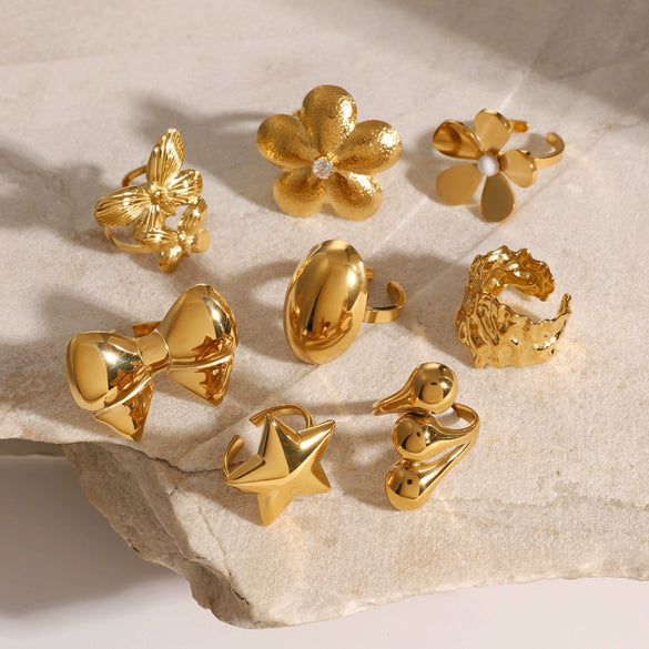 Wholesale Open Ring Stainless Steel Flower Pattern 18K Gold Plated Hand Jewelry