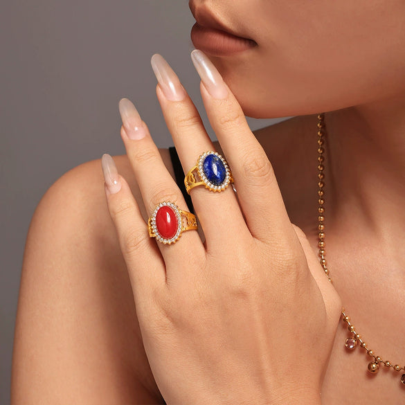 Wholesale Open Ring 316L Stainless Steel Natural Stone Zircon Wave Geometric Pvd Plating