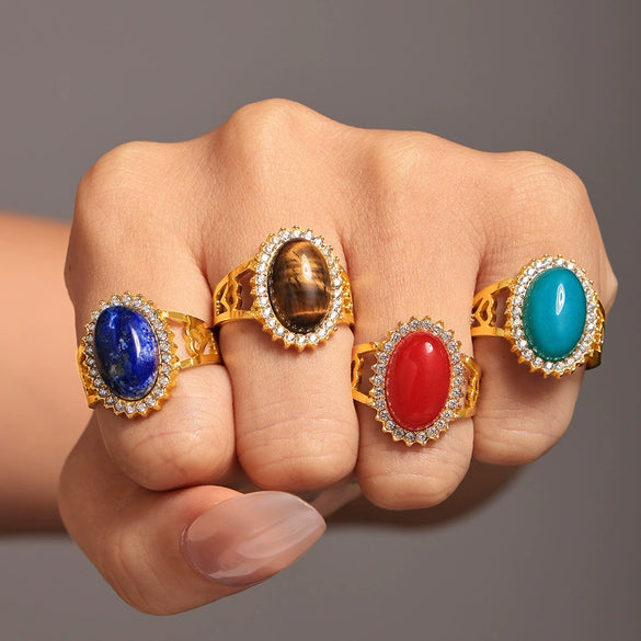 Wholesale Open Ring 316L Stainless Steel Natural Stone Zircon Wave Geometric Pvd Plating