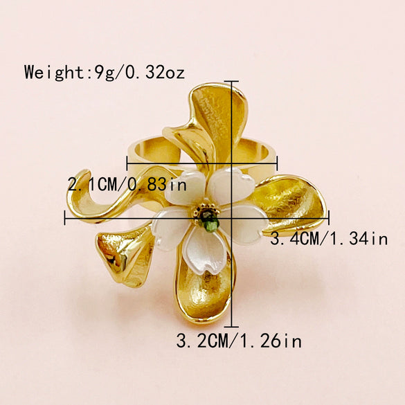 Wholesale Open Ring Stainless Steel Plated 14K Gold Green Crystal Beads White Flower Geometric French Retro Style For Women