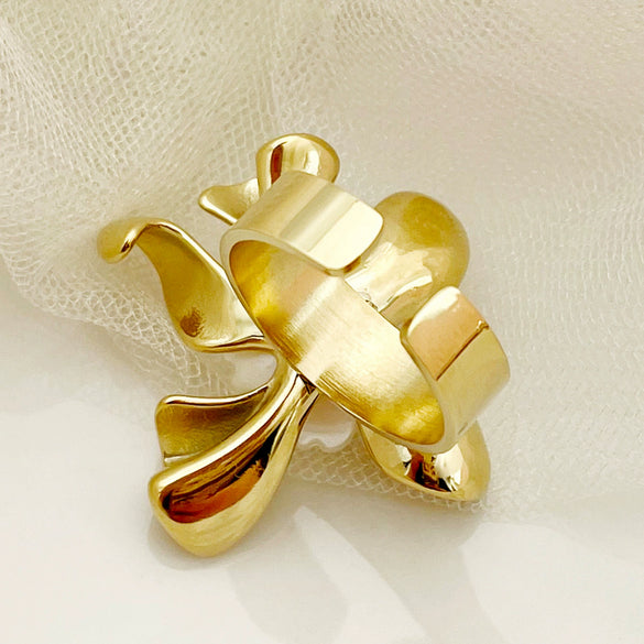 Wholesale Open Ring Stainless Steel Plated 14K Gold Green Crystal Beads White Flower Geometric French Retro Style For Women