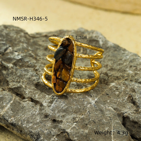 Wholesale Open Ring Titanium Steel Electroplated Natural Stone Inlaid Geometric Light Luxury Style