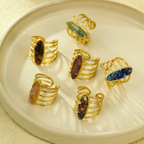 Wholesale Open Ring Titanium Steel Electroplated Natural Stone Inlaid Geometric Light Luxury Style
