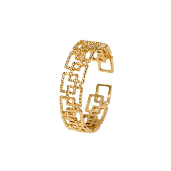 Wholesale Open Stainless Steel Ring With Geometric Pattern Light Luxury Style French Retro Hollow Design Electroplating Treatment For Women