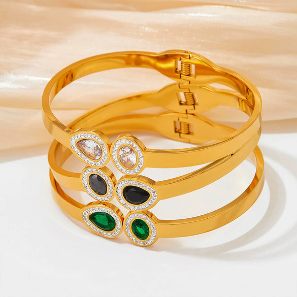 Wholesale Opening Spring Bracelet For Women Stainless Steel Retro Style With Colored Zircon Electroplated