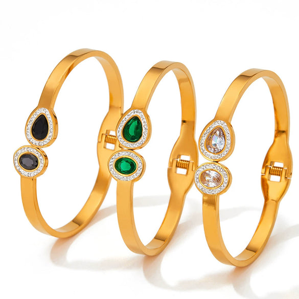 Wholesale Opening Spring Bracelet For Women Stainless Steel Retro Style With Colored Zircon Electroplated