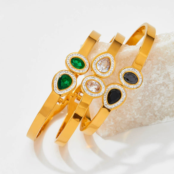 Wholesale Opening Spring Bracelet For Women Stainless Steel Retro Style With Colored Zircon Electroplated