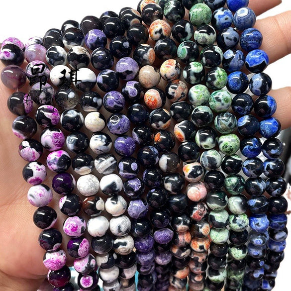 Wholesale Optimized Agate Round Loose Beads For Necklace Accessories Natural Twocolor Fire Agate With Killer Whale Pattern