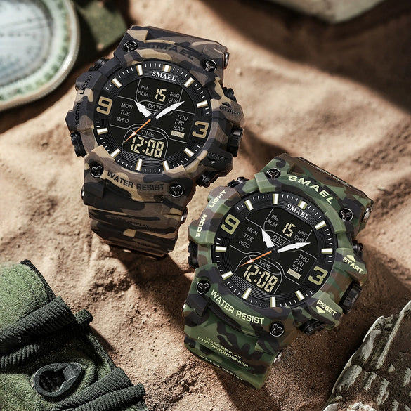 Wholesale Outdoor Waterproof Resin Pu Multifunctional Round Electronic Wristwatch For Men With Camouflage Luminous Style
