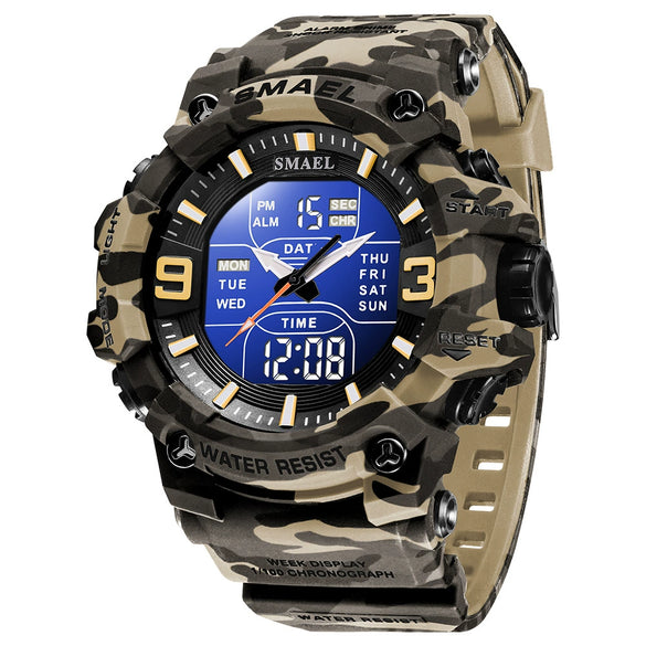 Wholesale Outdoor Waterproof Resin Pu Multifunctional Round Electronic Wristwatch For Men With Camouflage Luminous Style