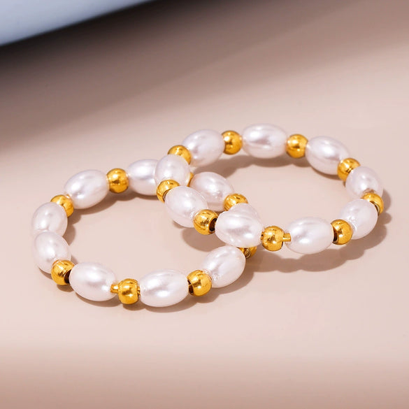 Wholesale Oval Bead Ring Stainless Steel Gold Bead Geometric Pattern Light Luxury Niche Design Electroplated Jewelry For Sweet Girls