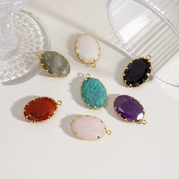 Wholesale Oval Natural Stone And Stainless Steel Necklace Pendant Accessories With Geometric Style And Stainless Steel Edging