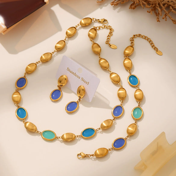 Wholesale Oval Opal Jewelry Set With Stainless Steel And Real Gold Plated Electroplating For Women