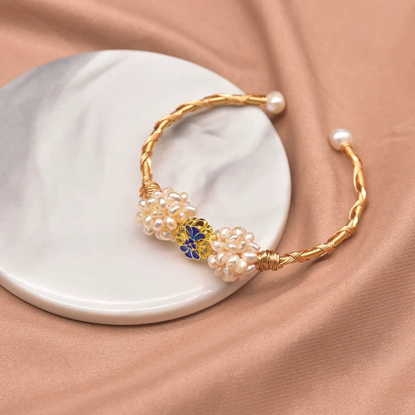 Wholesale Pearl Ball Handmade Cloisonne Retro Bow Shaped Electroplated Bracelet For Women