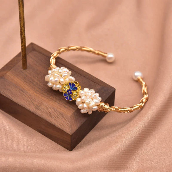 Wholesale Pearl Ball Handmade Cloisonne Retro Bow Shaped Electroplated Bracelet For Women
