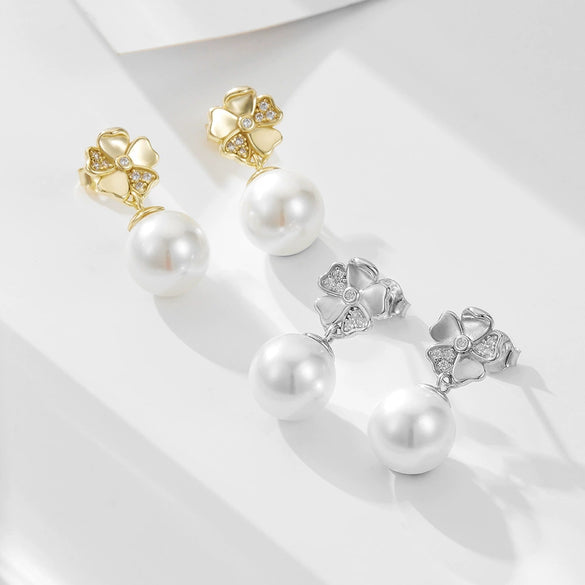 Wholesale Pearl Earrings S925 Silver Five Leaf Clover Flower Real Gold Plated