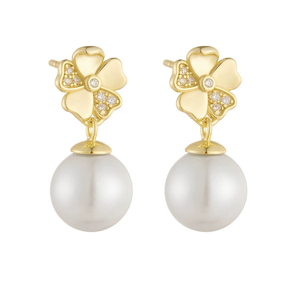 Wholesale Pearl Earrings S925 Silver Five Leaf Clover Flower Real Gold Plated