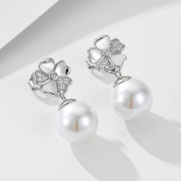Wholesale Pearl Earrings S925 Silver Five Leaf Clover Flower Real Gold Plated