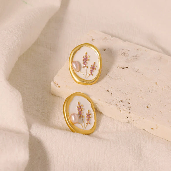 Wholesale Pearl Earrings S925 Silver Needle Retro Enamel Drip Glaze Geometric Style Electroplated For Women