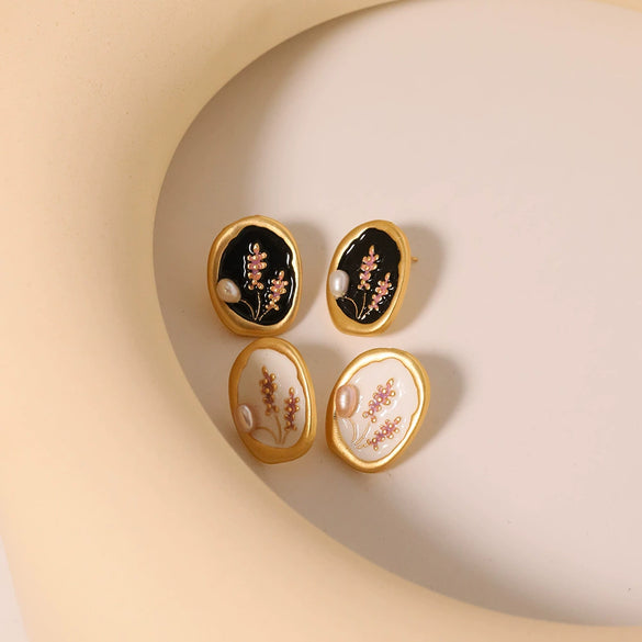 Wholesale Pearl Earrings S925 Silver Needle Retro Enamel Drip Glaze Geometric Style Electroplated For Women