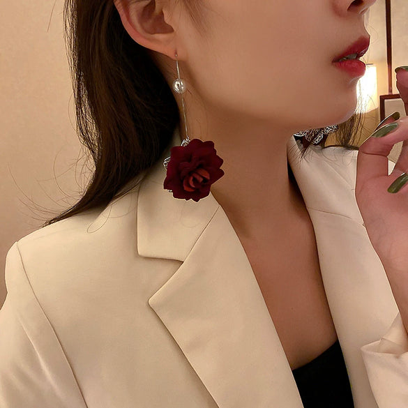 Wholesale Pearl Earrings With Silver Needle And Red Flower French Retro Style