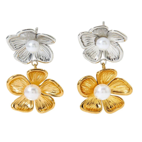 Wholesale Pearl Flower Earrings Stainless Steel Vacuum Electroplated Gold Retro Flower Style Ear Jewelry For Women