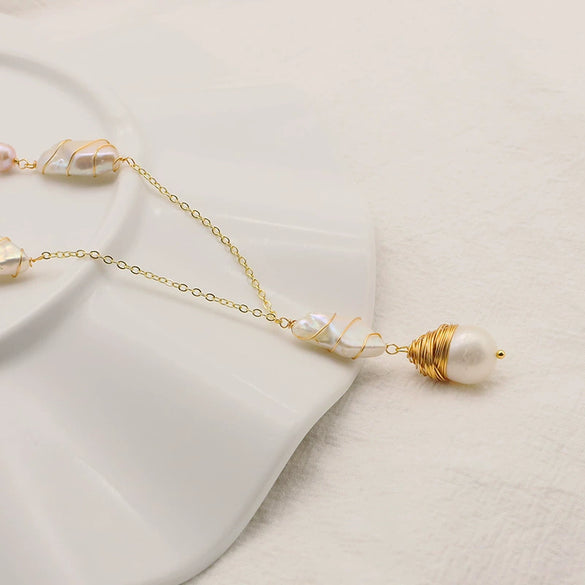 Wholesale Pearl Geometric Bamboo Chain Women's Elegant Highgrade Long Pendant Clavicle Chain 18K Real Gold Electroplated Color Retaining Jewelry