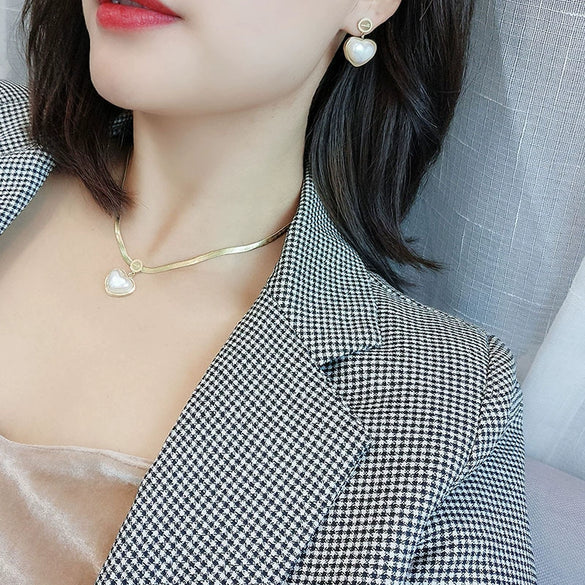 Wholesale Pearl Heart Snake Bone Chain Titanium Steel Necklace With Love Water Drop Bell Patterns Electroplated Jewelry Set For Women