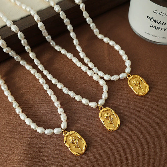Wholesale Pearl Necklace Geometric Flower Pattern 316L Stainless Steel Pendant Electroplating For Women