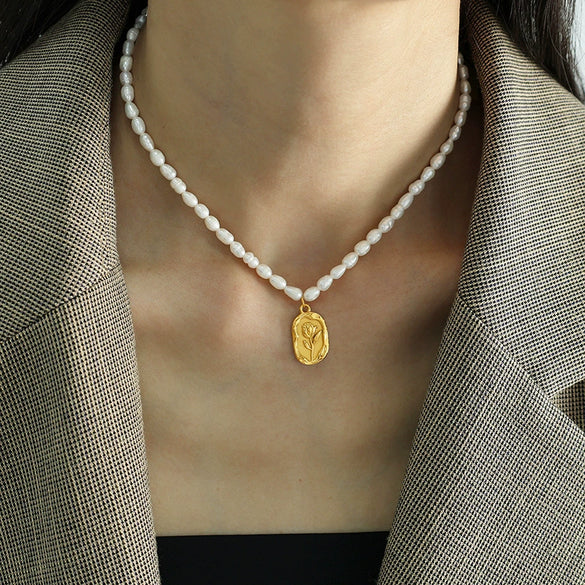 Wholesale Pearl Necklace Geometric Flower Pattern 316L Stainless Steel Pendant Electroplating For Women