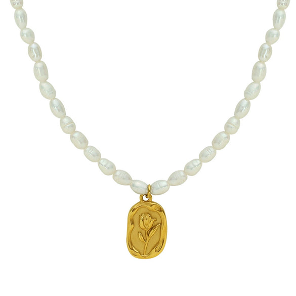 Wholesale Pearl Necklace Geometric Flower Pattern 316L Stainless Steel Pendant Electroplating For Women