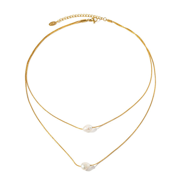 Wholesale Pearl Necklace Stainless Steel Inlaid Freshwater Pearl Double Layer Non Fading With Geometric Pattern Electroplated