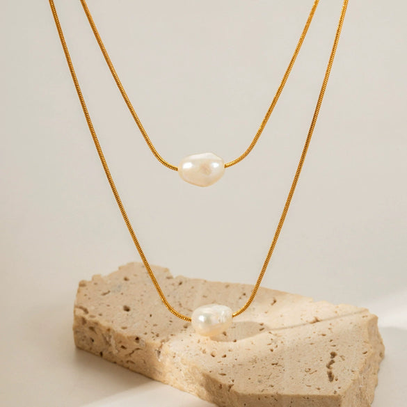 Wholesale Pearl Necklace Stainless Steel Inlaid Freshwater Pearl Double Layer Non Fading With Geometric Pattern Electroplated