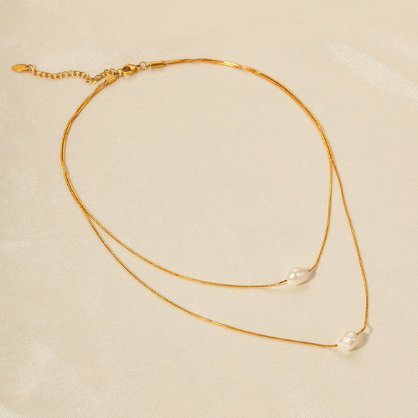 Wholesale Pearl Necklace Stainless Steel Inlaid Freshwater Pearl Double Layer Non Fading With Geometric Pattern Electroplated