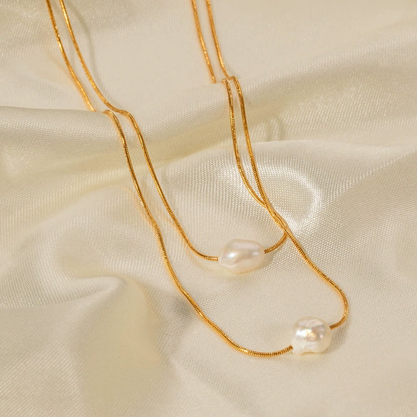 Wholesale Pearl Necklace Stainless Steel Inlaid Freshwater Pearl Double Layer Non Fading With Geometric Pattern Electroplated